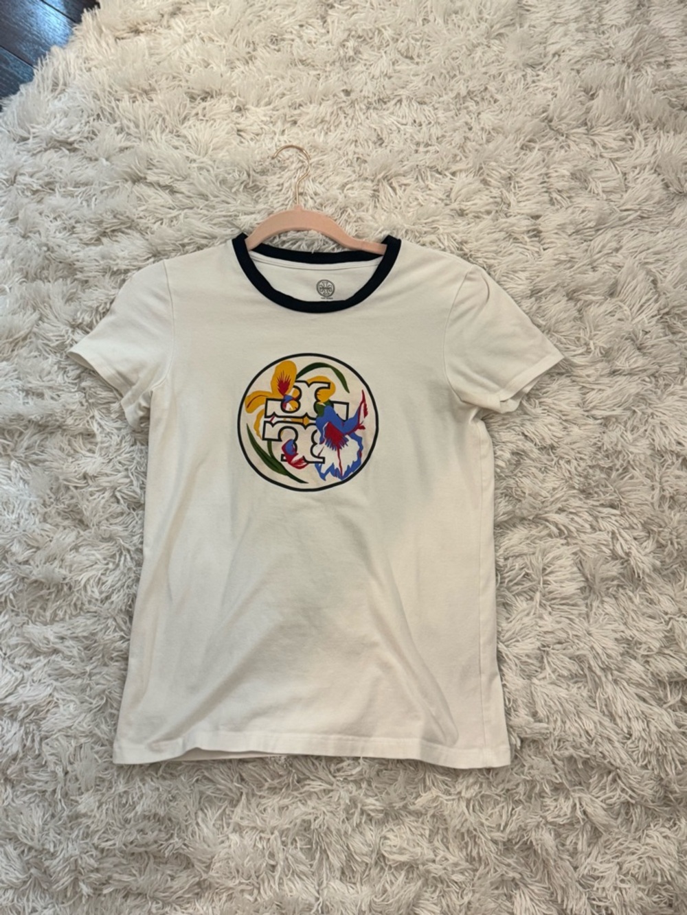 Tory Burch Cream Tee with Multicolor Floral Logo and Navy Collar
